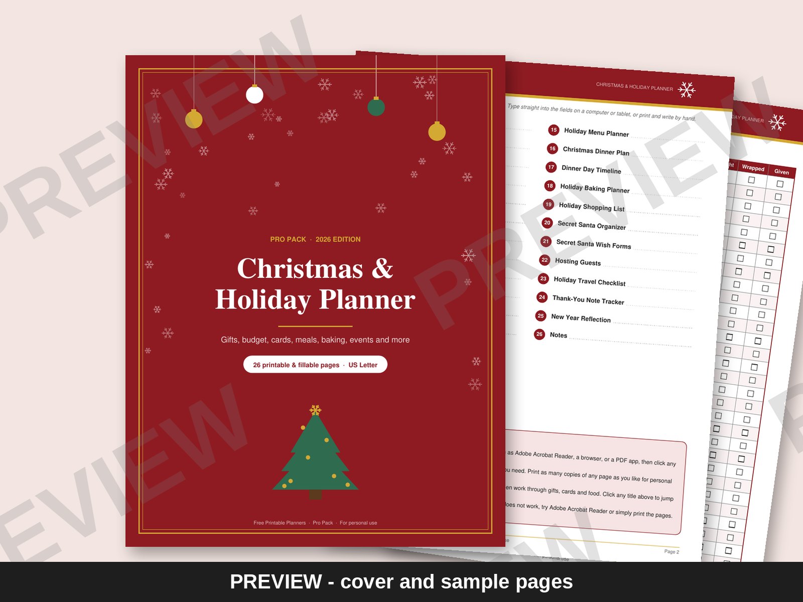 Preview of the Christmas & Holiday Planner Pro cover and pages, watermarked PREVIEW