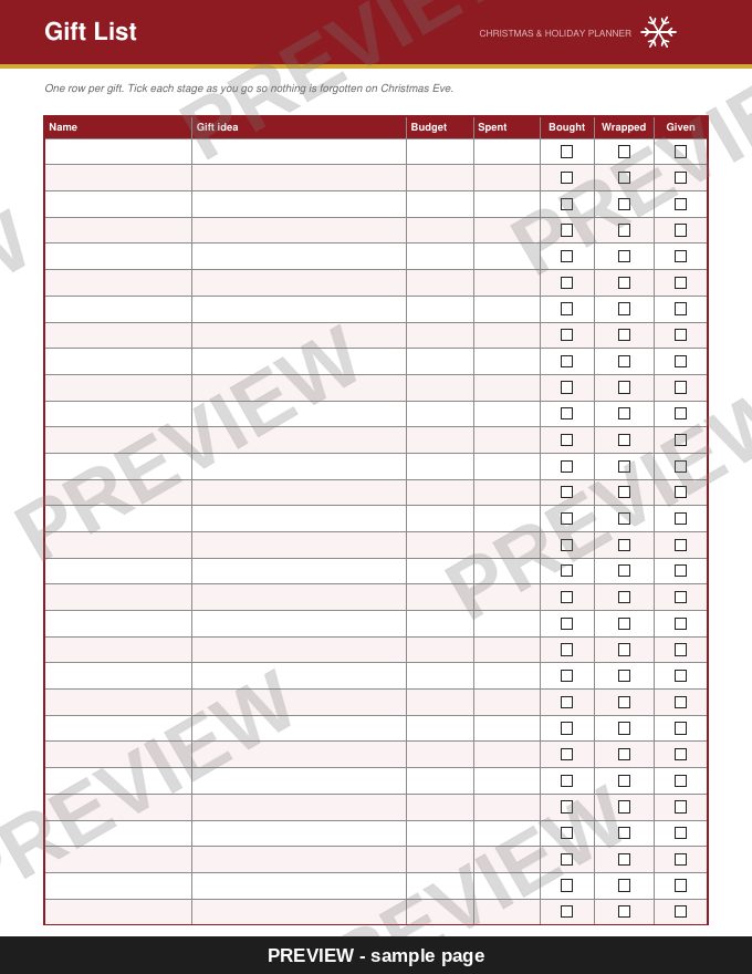 Sample page: Gift List (watermarked preview)