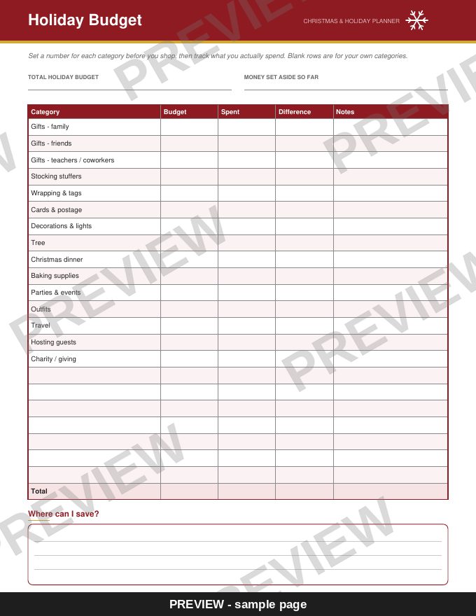 Sample page: Holiday Budget (watermarked preview)
