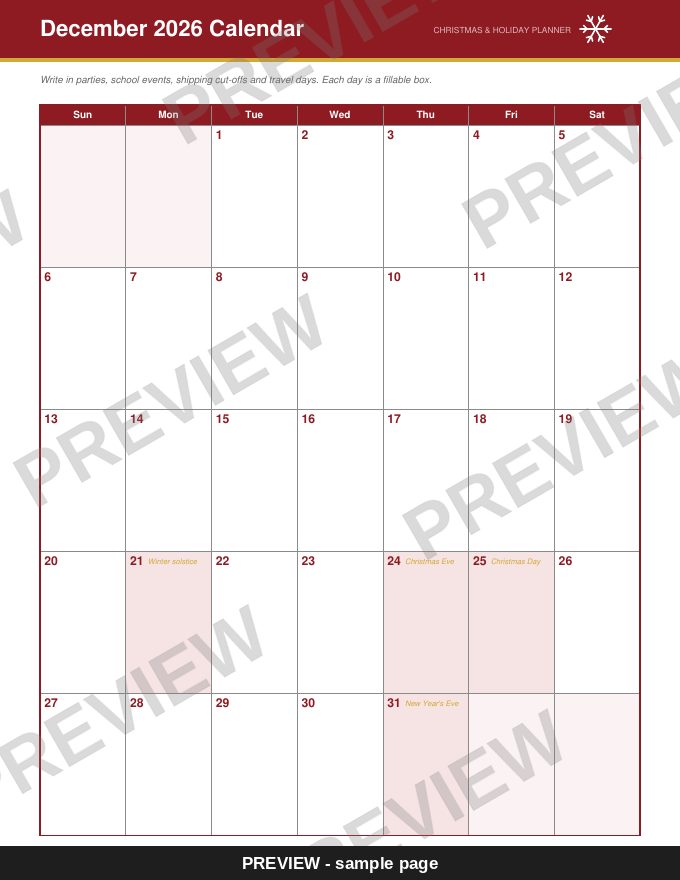 Sample page: December 2026 Calendar (watermarked preview)