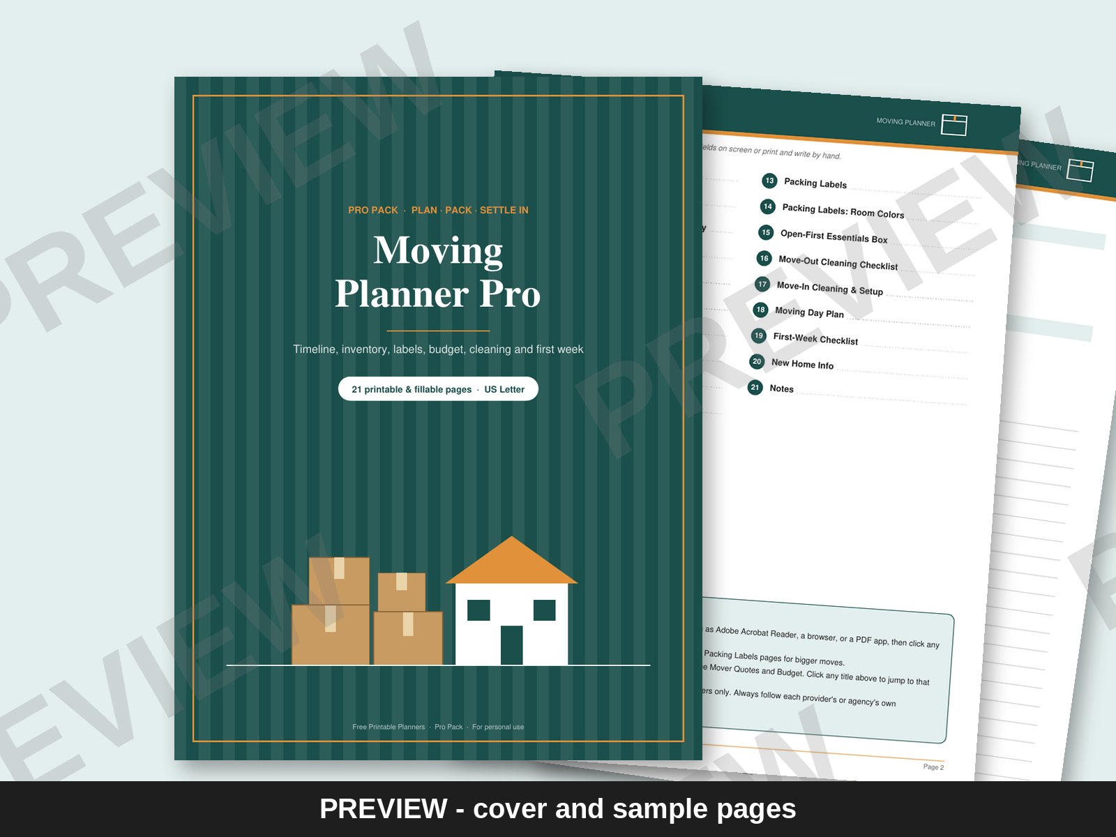 Preview of the Moving Planner Pro cover and pages, watermarked PREVIEW
