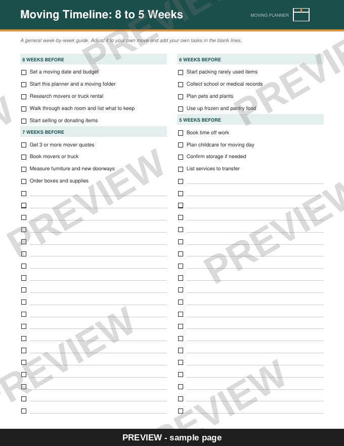 Sample page: Moving Timeline: 8 to 5 Weeks (watermarked preview)
