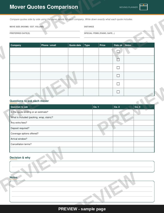 Sample page: Mover Quotes Comparison (watermarked preview)