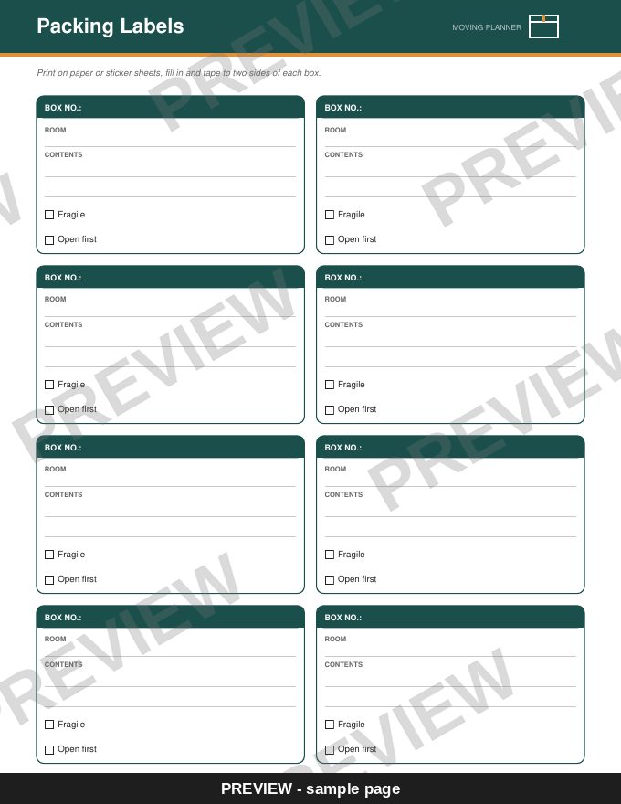 Sample page: Packing Labels (watermarked preview)