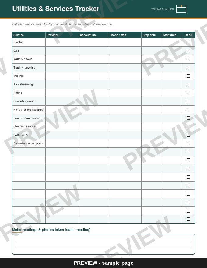 Sample page: Utilities & Services Tracker (watermarked preview)