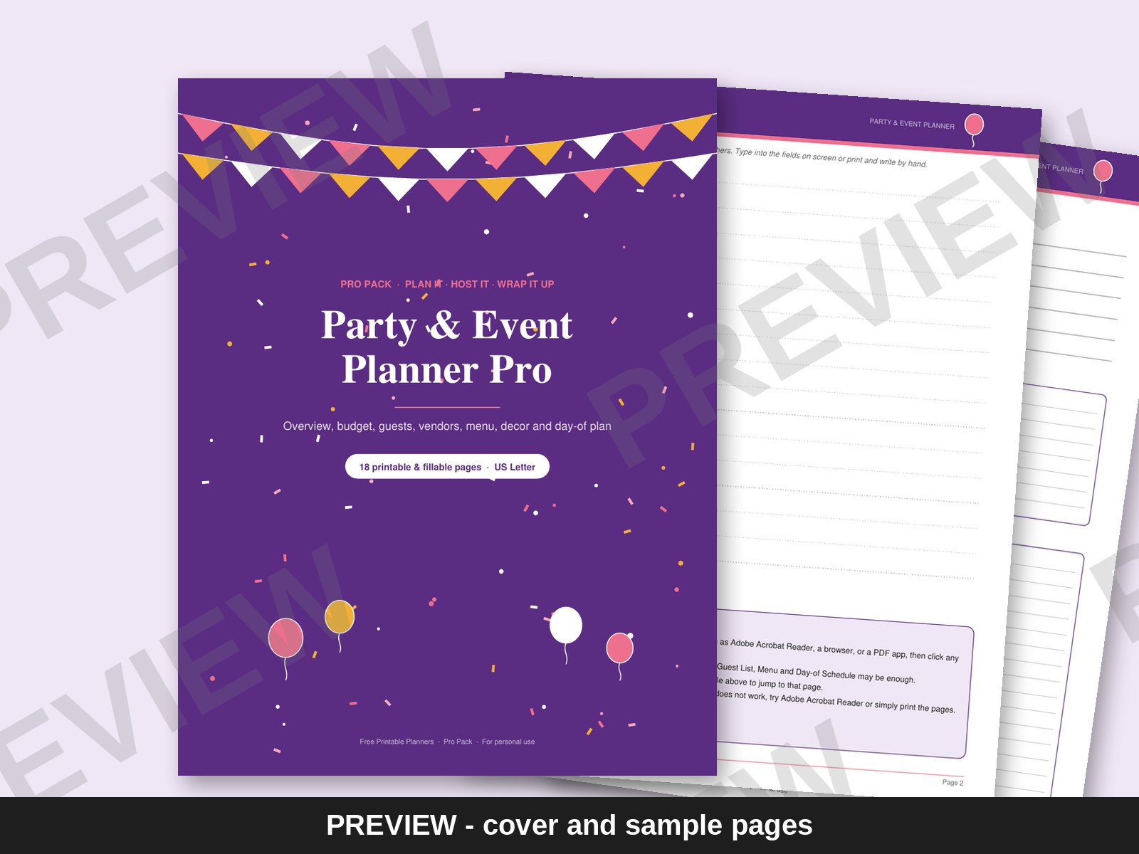 Preview of the Party & Event Planner Pro cover and pages, watermarked PREVIEW