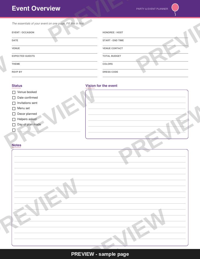 Sample page: Event Overview (watermarked preview)