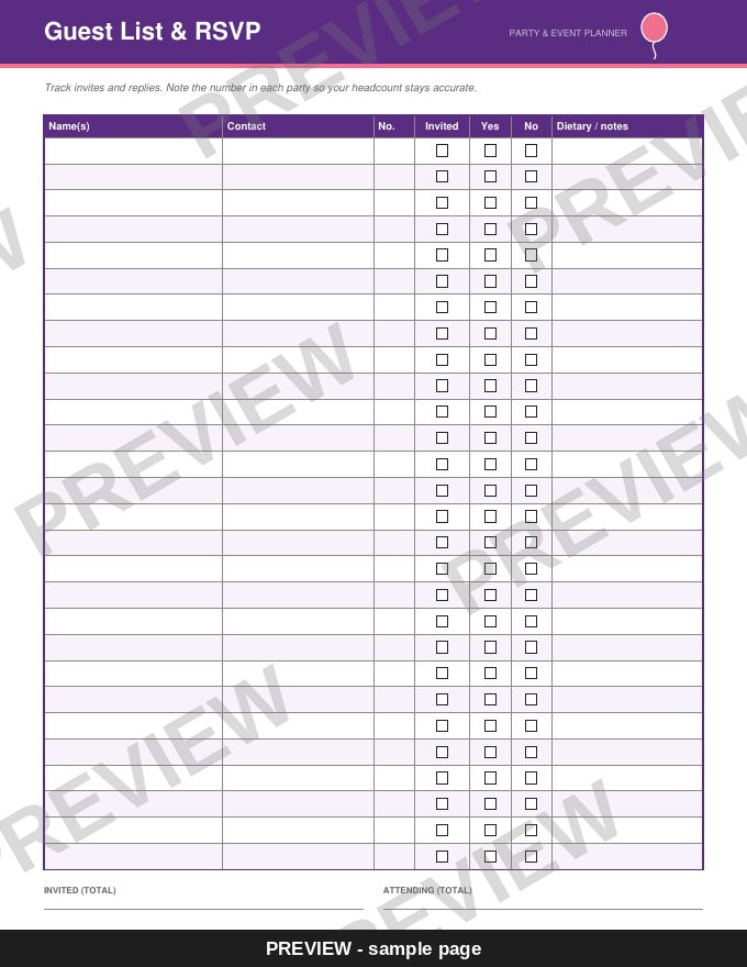 Sample page: Guest List & RSVP (watermarked preview)