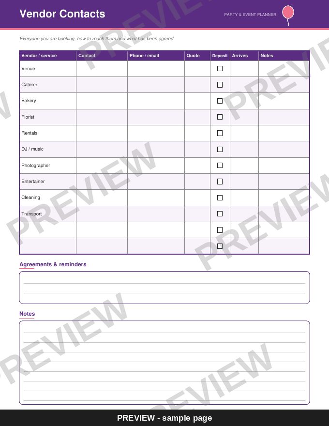 Sample page: Vendor Contacts (watermarked preview)