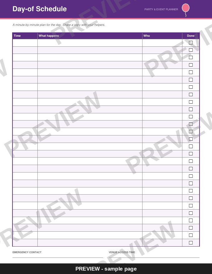 Sample page: Day-of Schedule (watermarked preview)